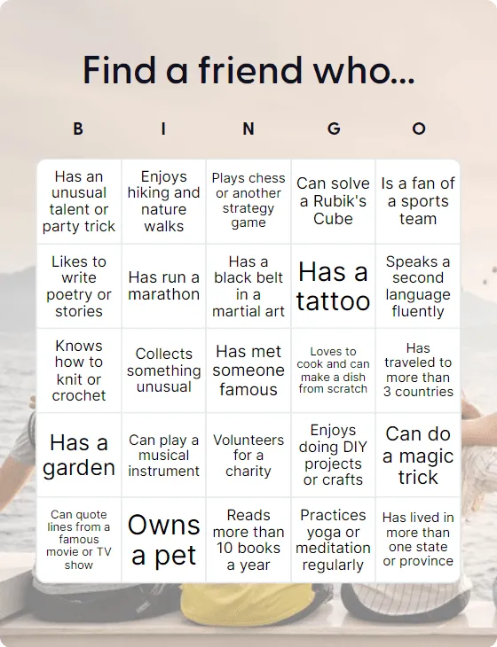 Find a friend who… bingo card template