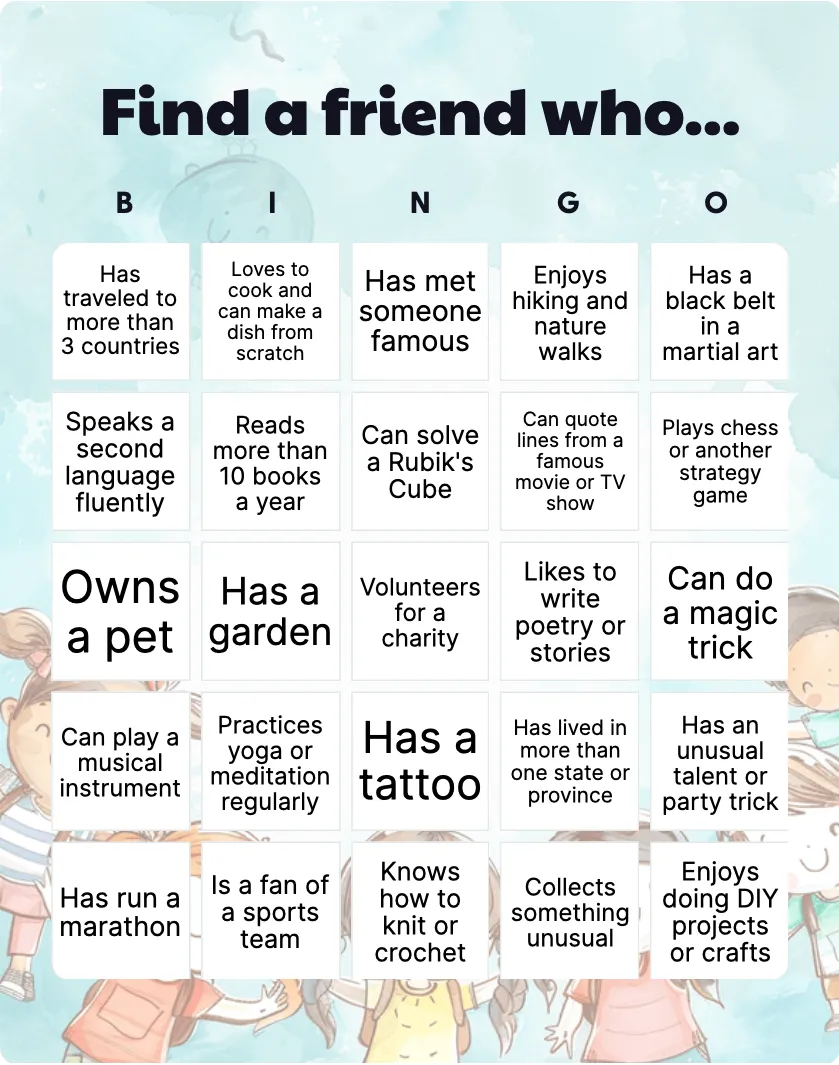 Find a friend who… bingo card template