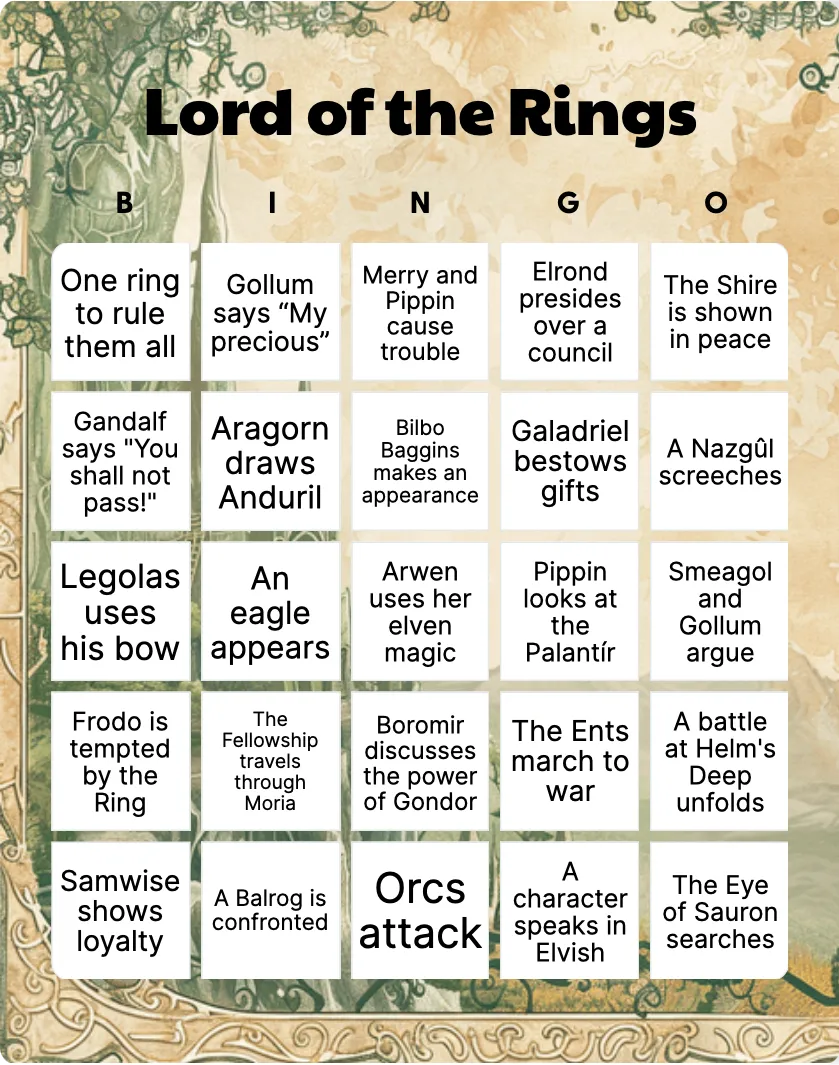 Lord of the Rings bingo card template