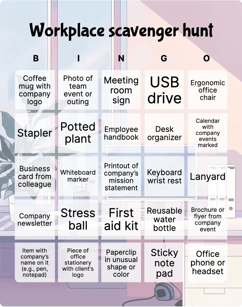 Workplace scavenger hunt bingo card template