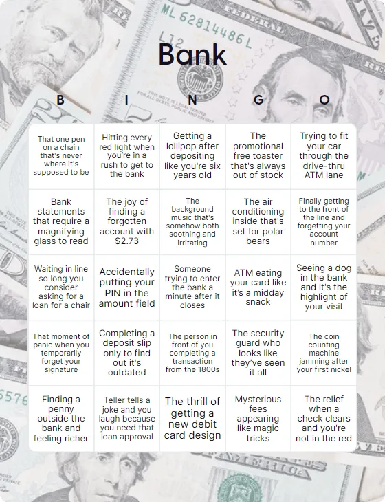 Bank bingo card template Bank bingo card template