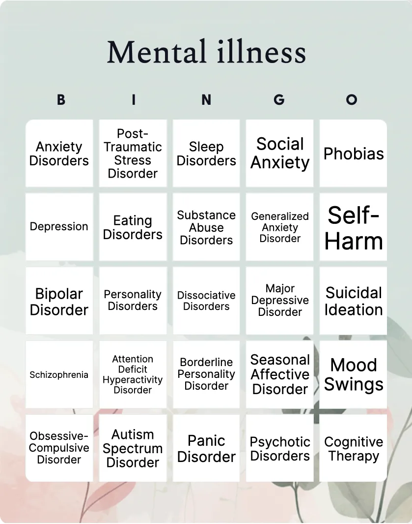 Mental illness bingo card template