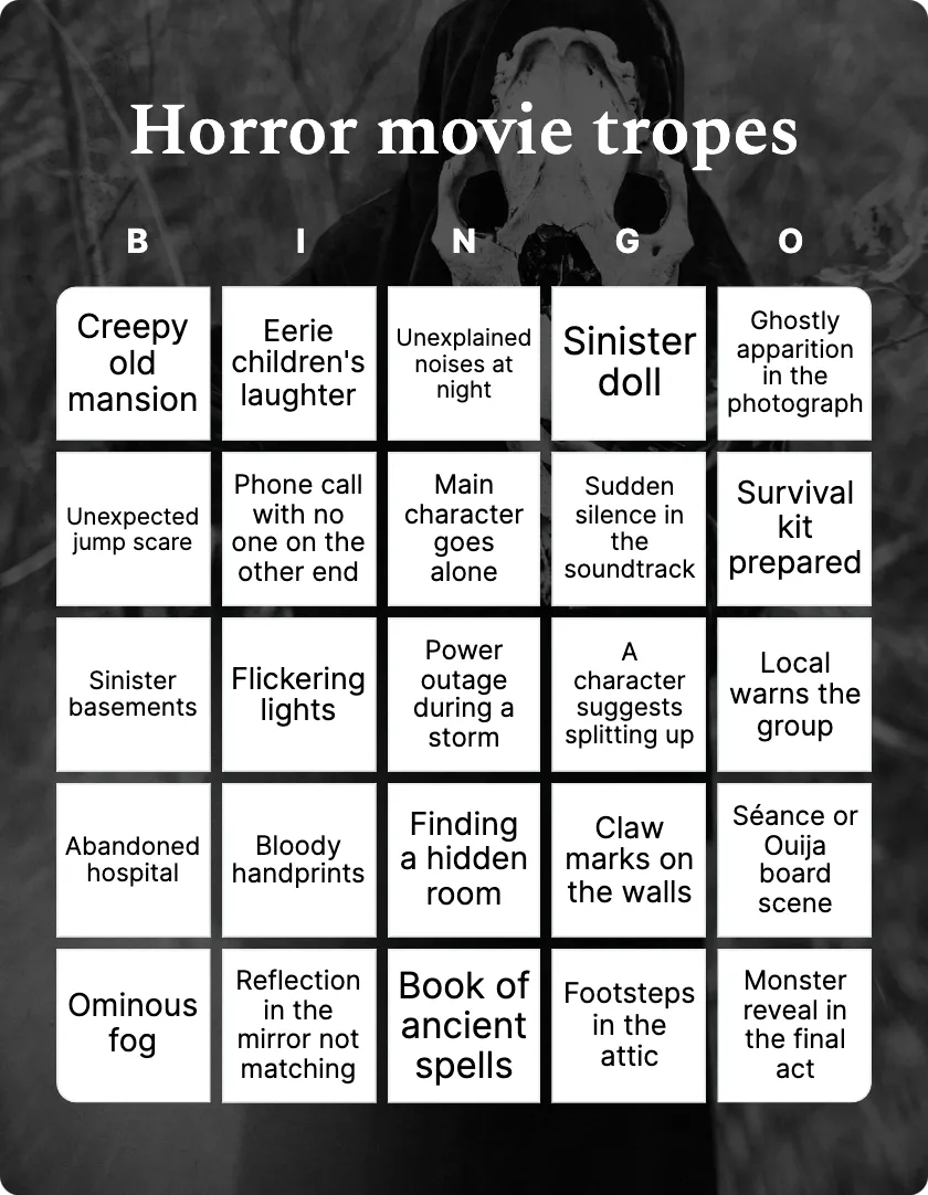 Horror movie tropes bingo