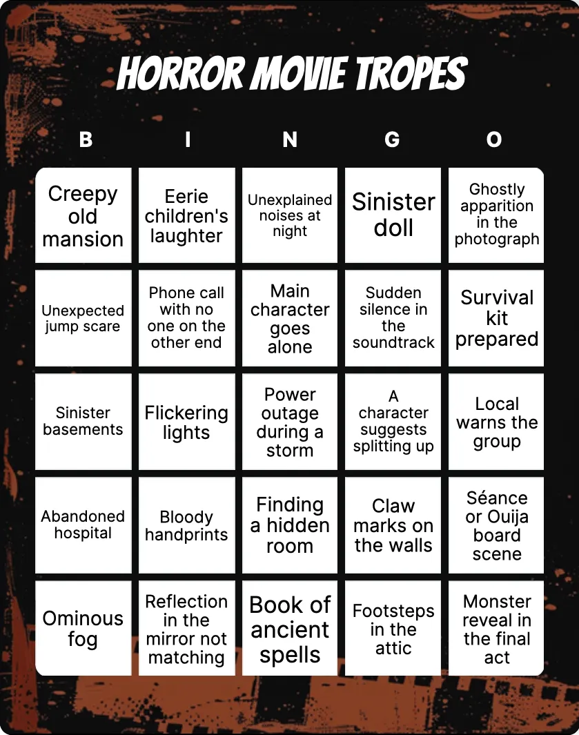 Horror movie tropes bingo