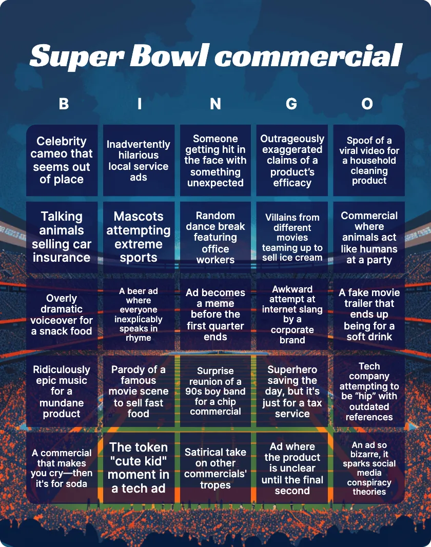 Super Bowl commercial bingo card template