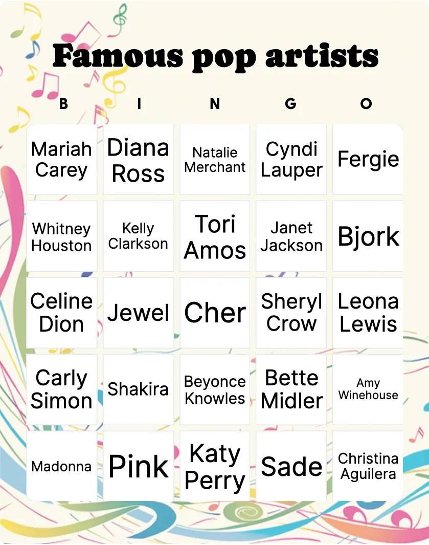 Famous pop artists bingo card template