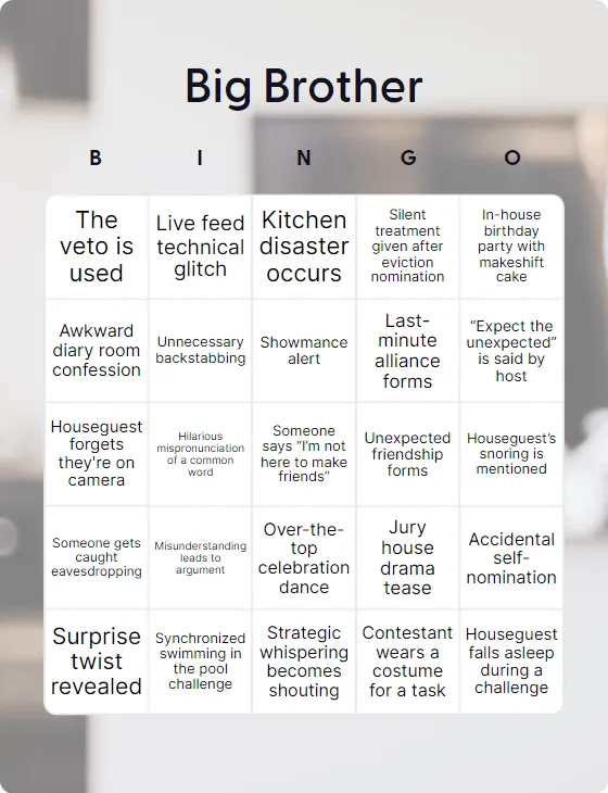 Big Brother bingo card template Big Brother bingo card template