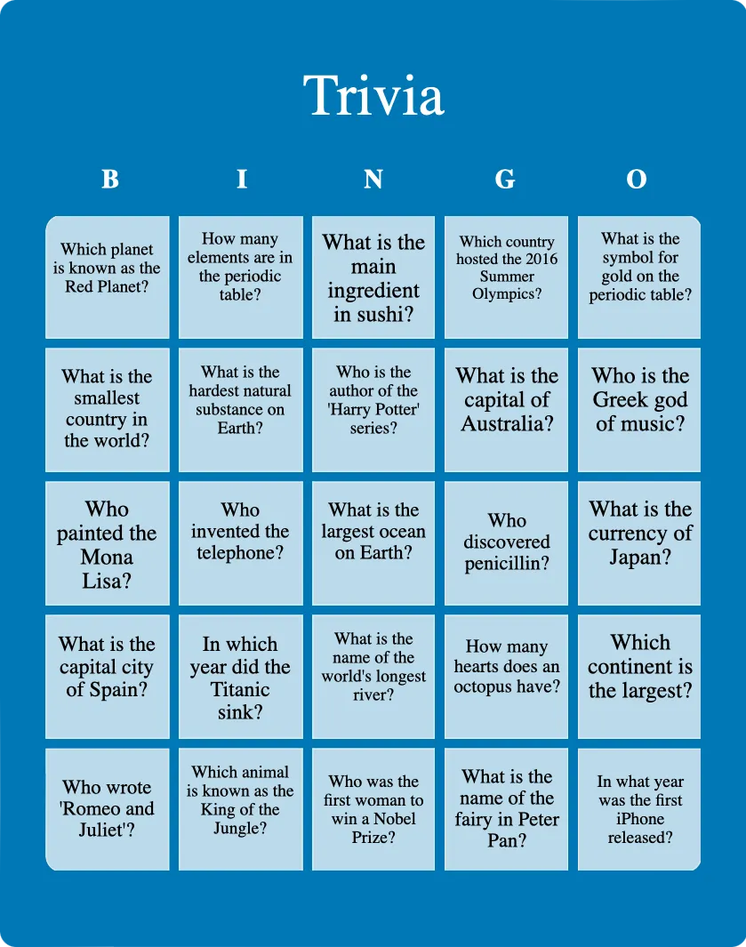 Trivia bingo card template