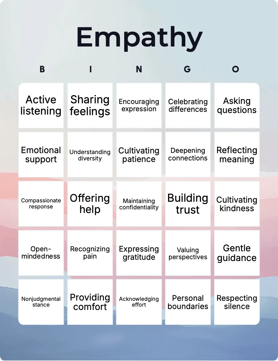 Empathy bingo card template