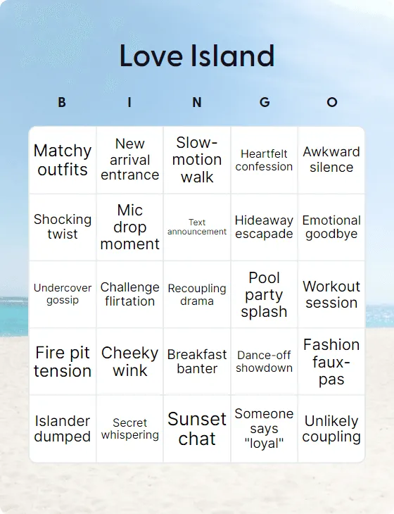 Love Island bingo card template Love Island bingo card template