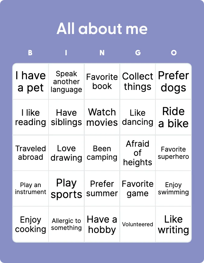 All about me bingo