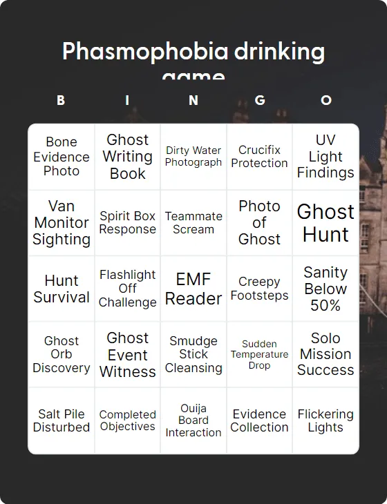 Phasmophobia drinking game bingo card template