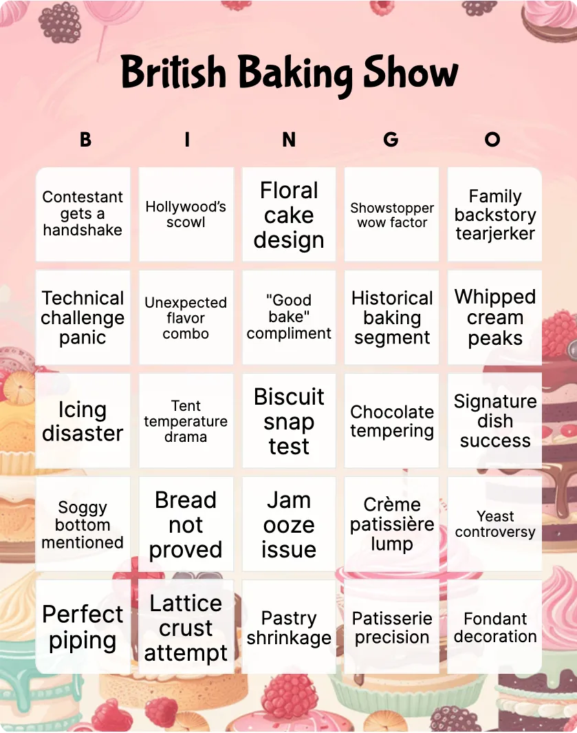 British Baking Show bingo card template