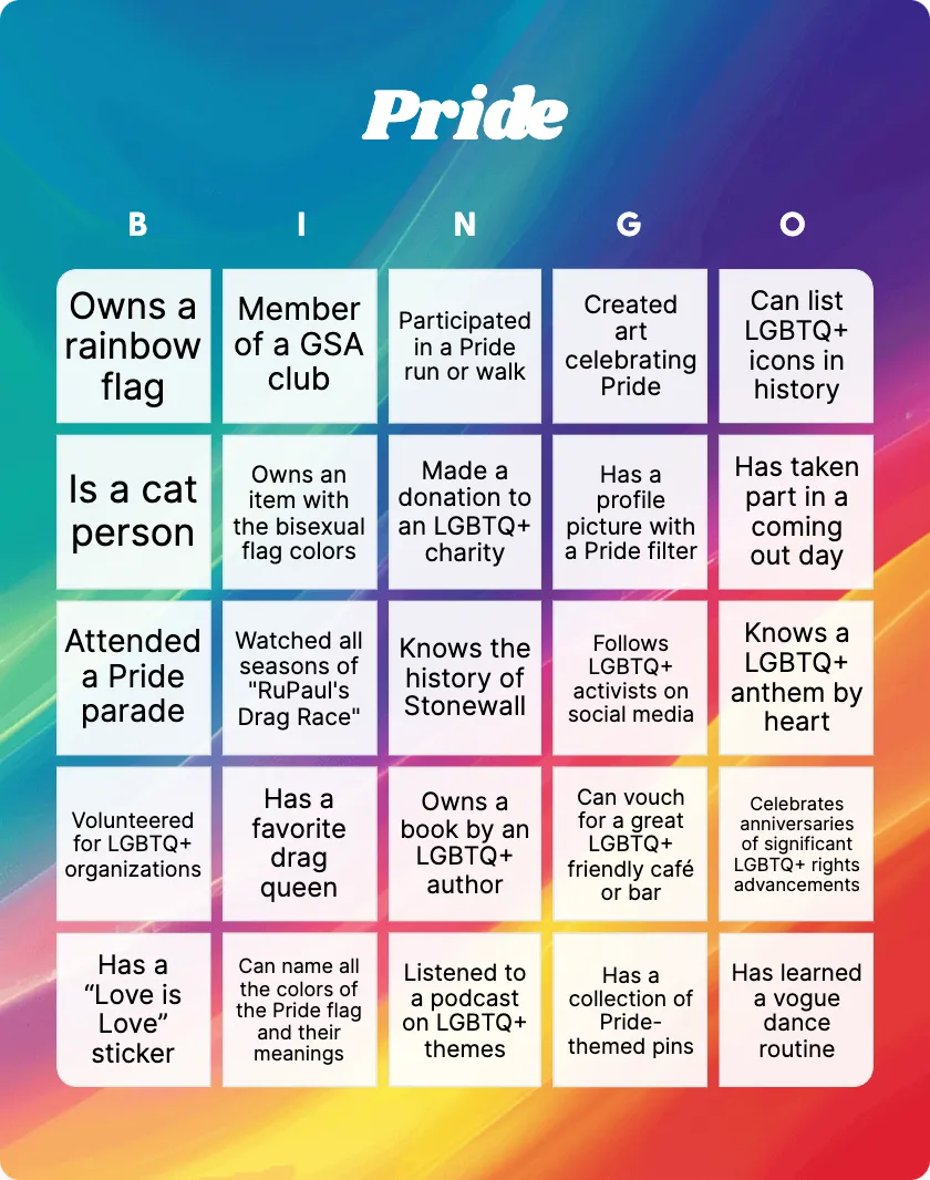 Pride bingo card template