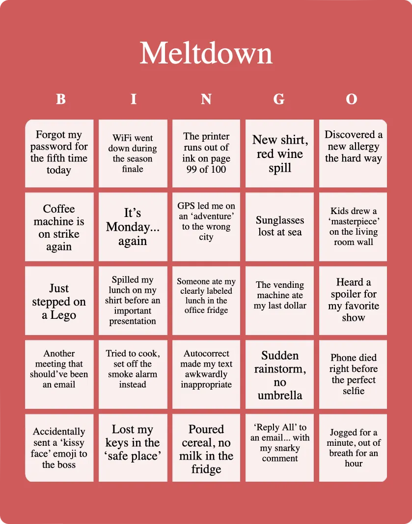 Meltdown bingo card template