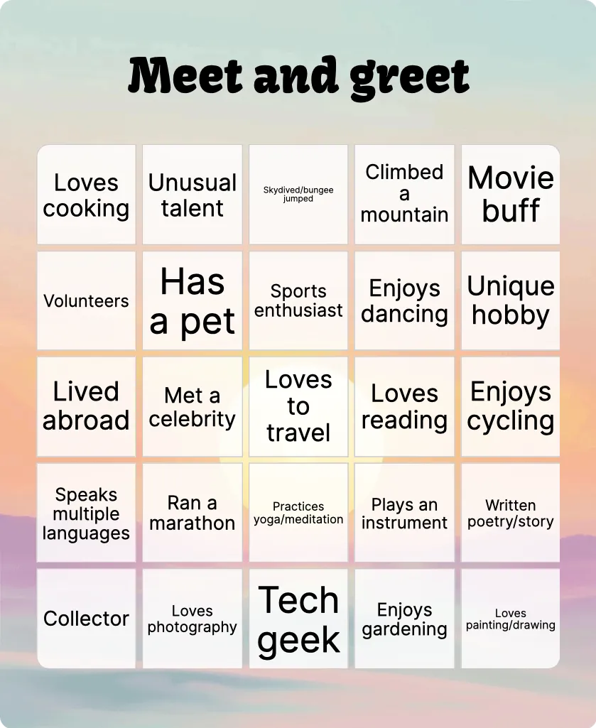 Meet and greet bingo card template