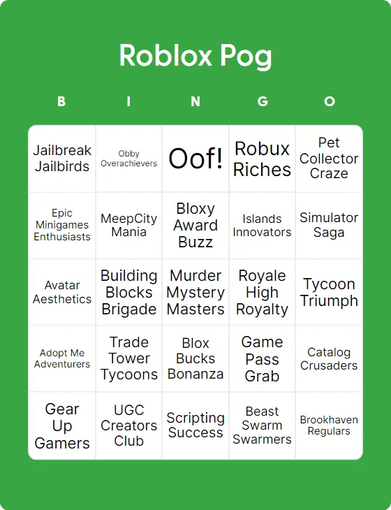 Roblox Pog bingo
