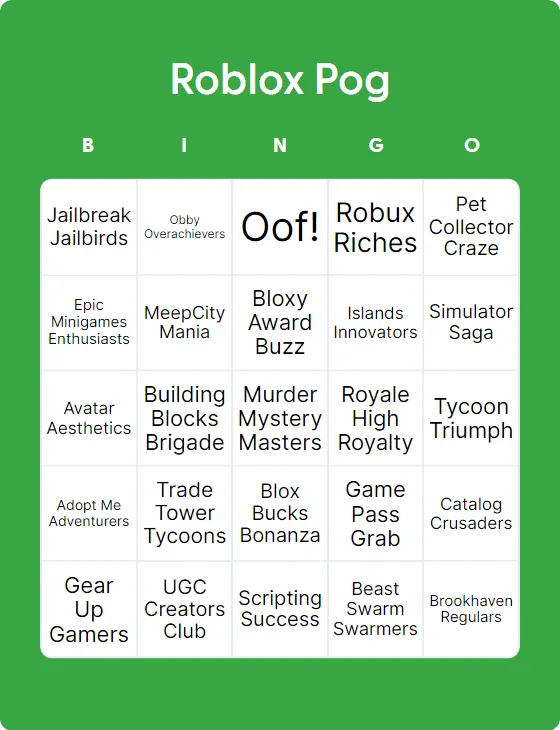 Roblox Pog bingo card template