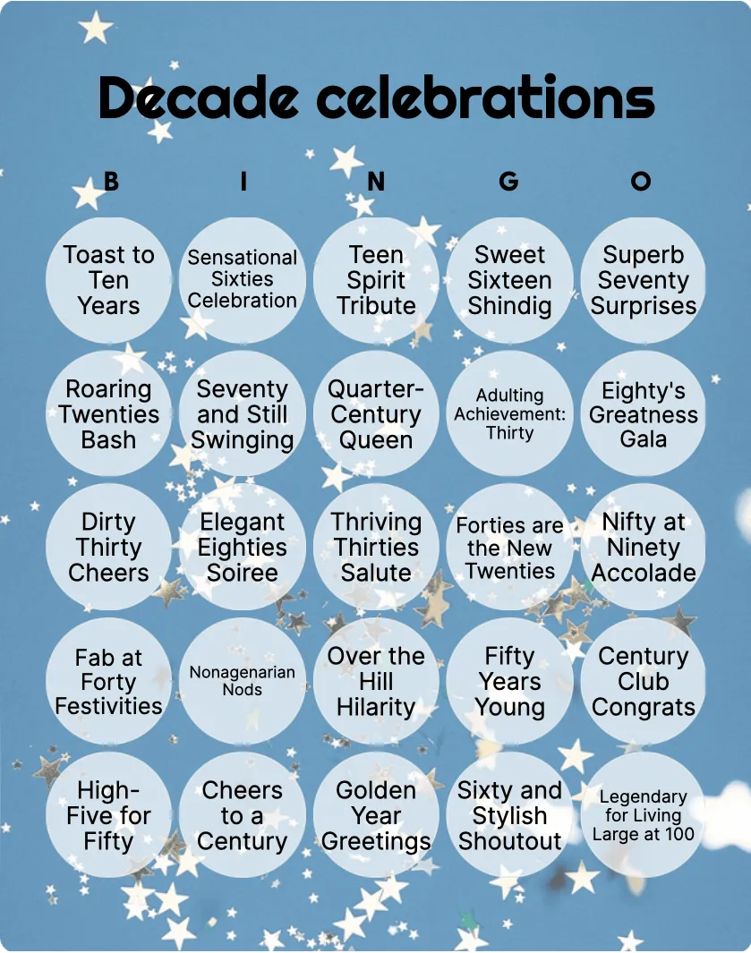 Decade celebrations bingo