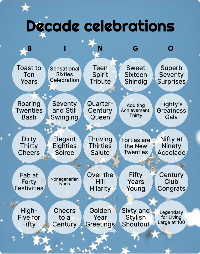 Decade celebrations bingo card template