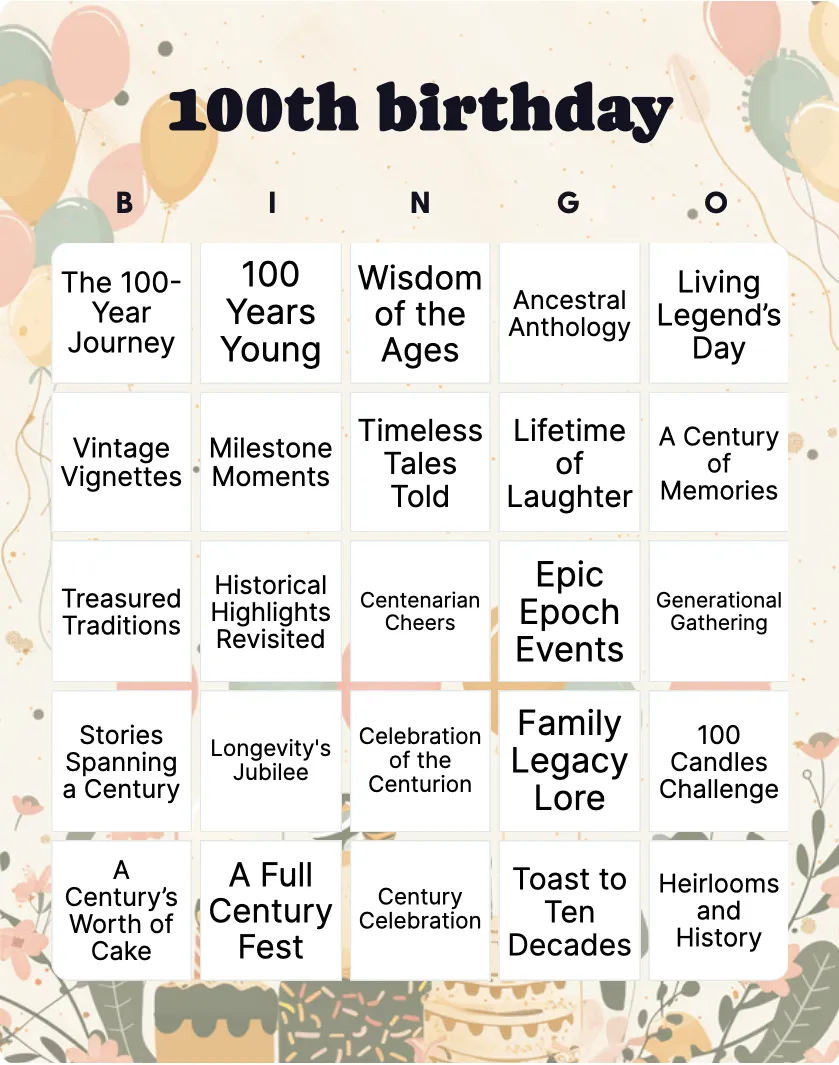 100th birthday bingo