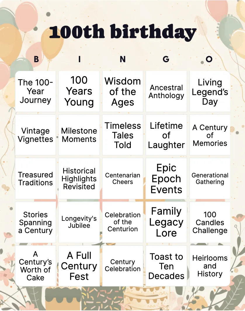 100th birthday bingo card template