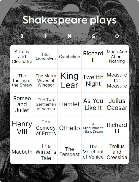 Shakespeare plays bingo