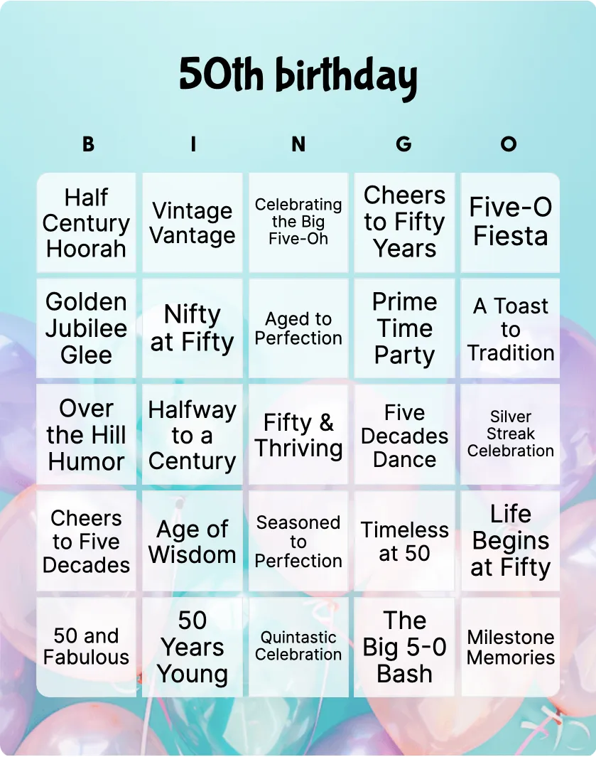 50th birthday bingo card template