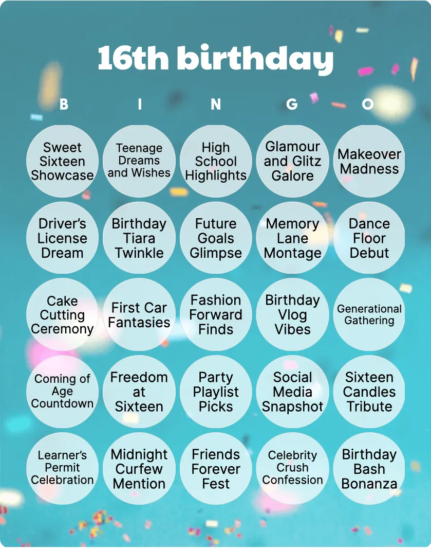 16th birthday bingo
