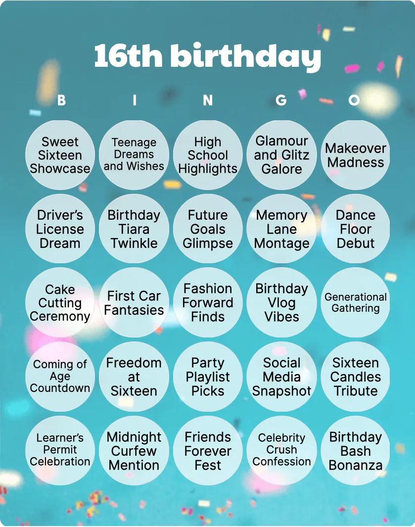 16th birthday bingo card template