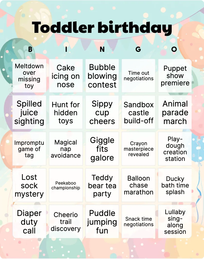 Toddler birthday bingo card template