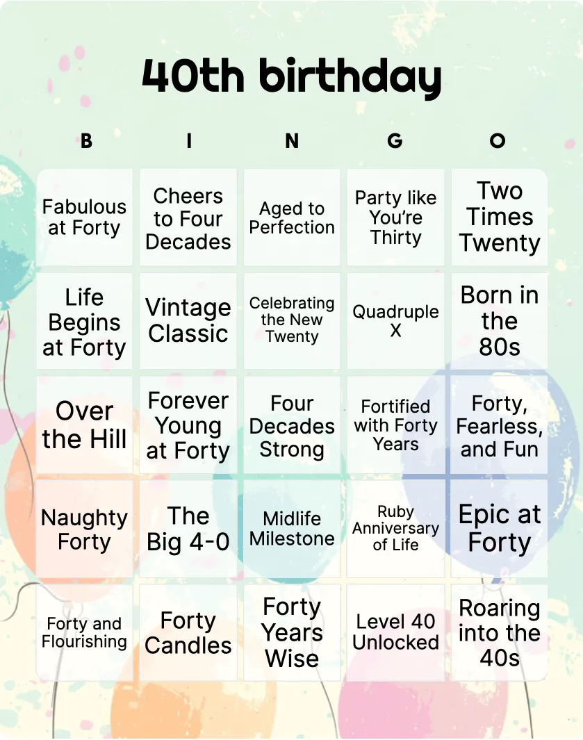 40th birthday bingo