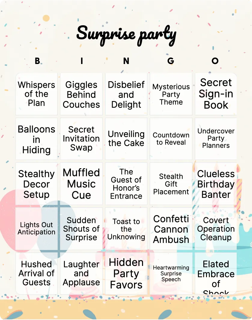 Surprise party bingo card template