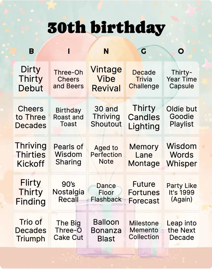 30th birthday bingo card template