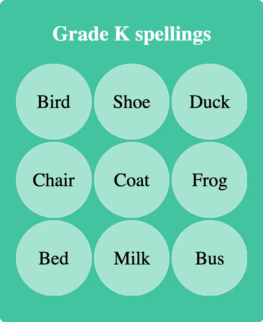 Grade K spellings bingo card template