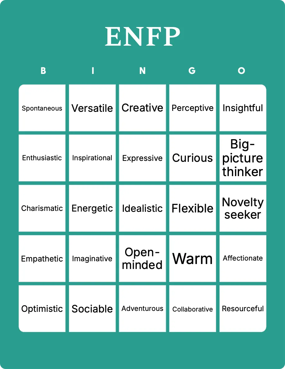 ENFP bingo card template