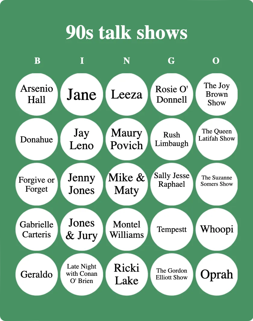 90s talk shows bingo card template