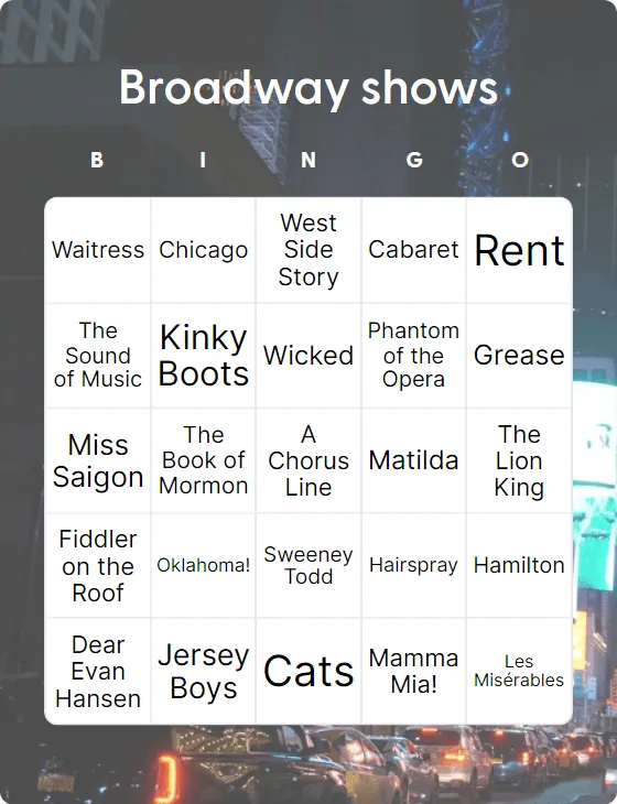 Broadway shows bingo card template