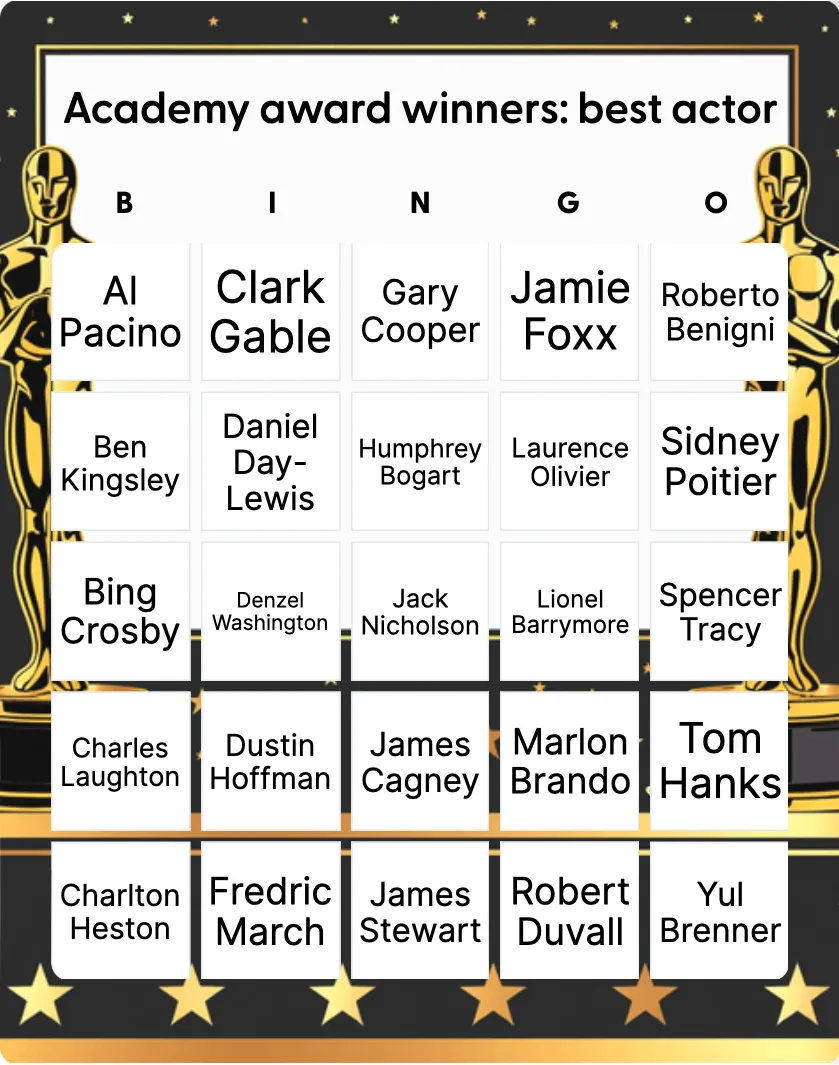 Academy award winners: best actor bingo card template