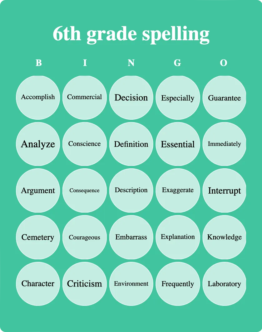 6th grade spelling bingo card template