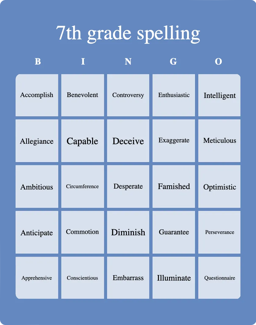 7th grade spelling bingo card template