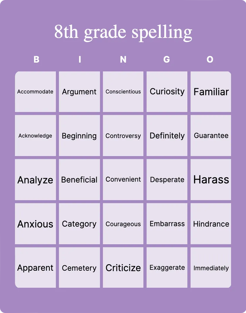 8th grade spelling bingo card template