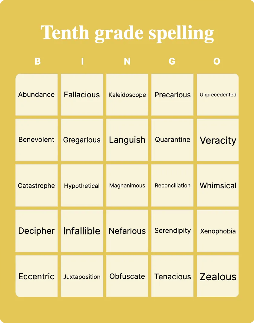 Tenth grade spelling bingo card template