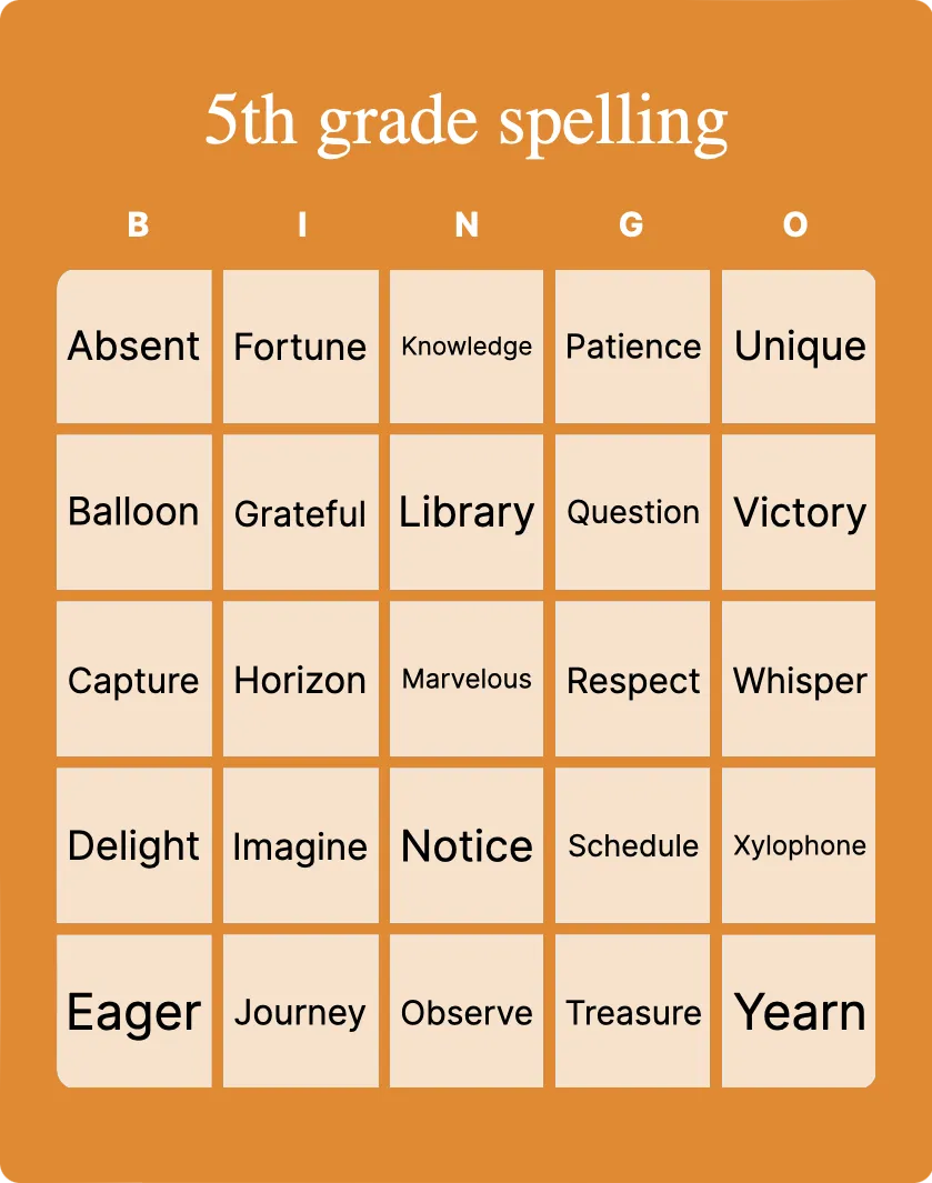 5th grade spelling bingo card template