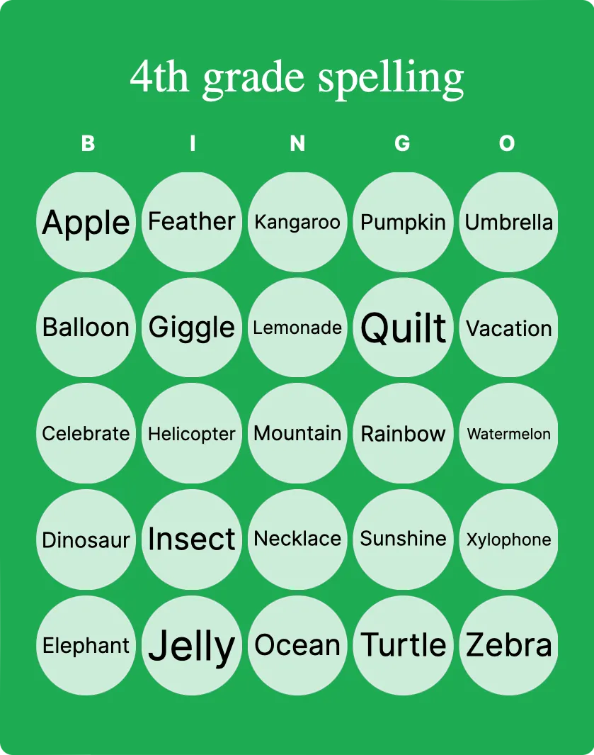 4th grade spelling bingo card template