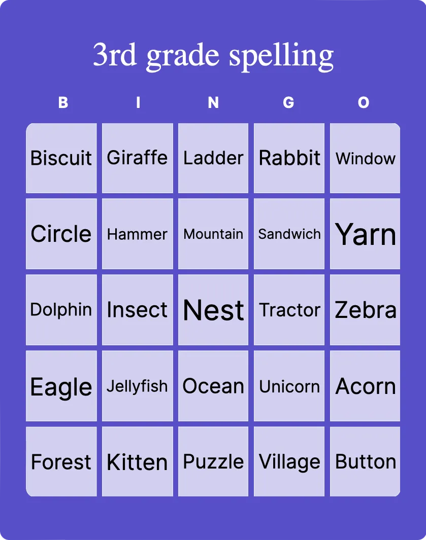 3rd grade spelling bingo card template