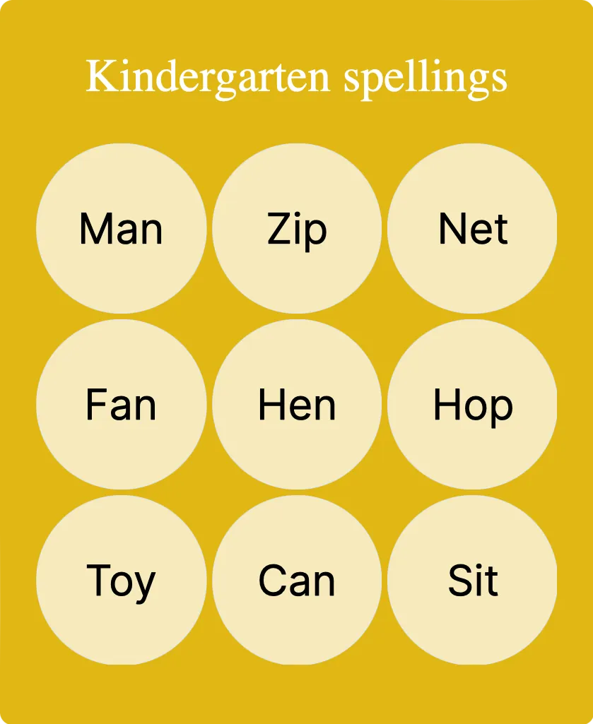 Kindergarten spellings bingo card template