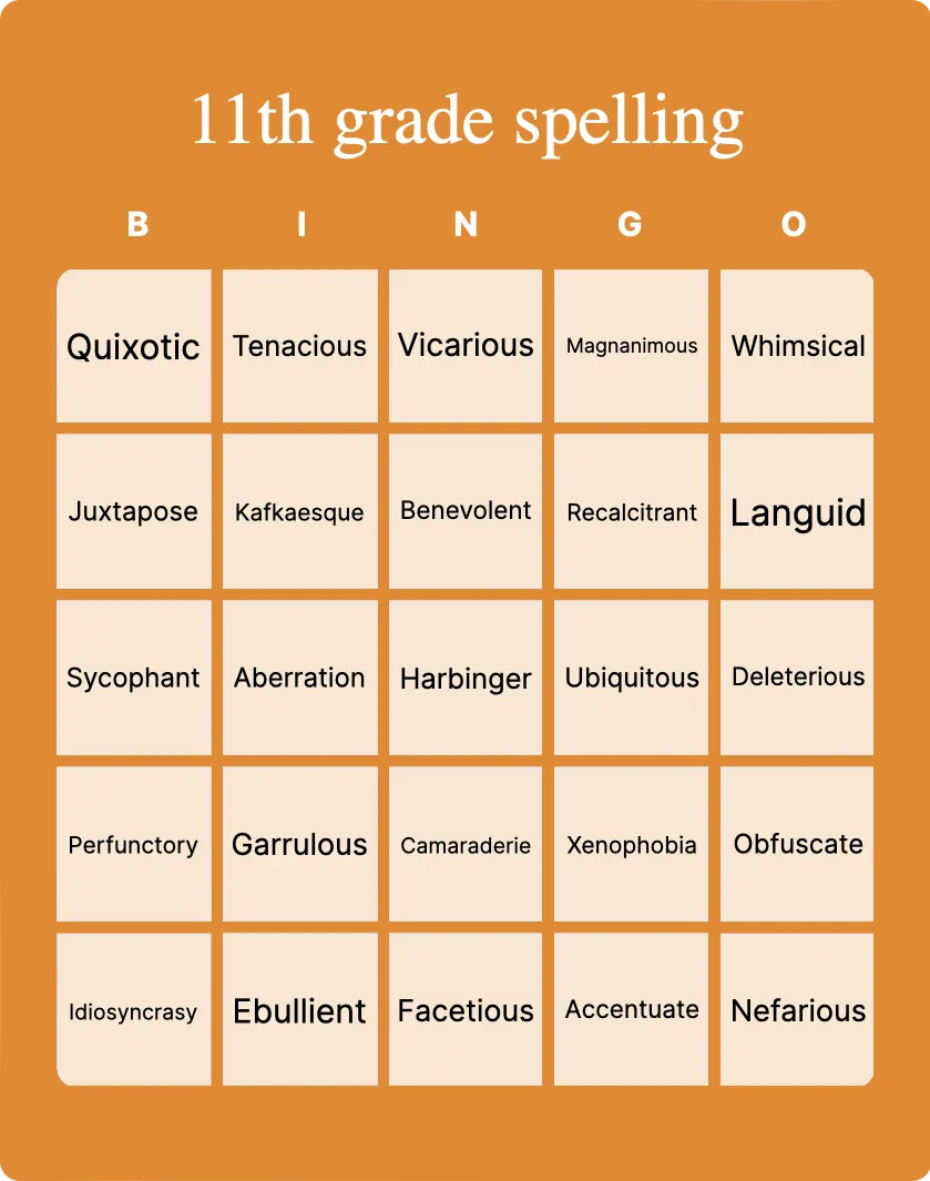 11th grade spelling bingo card template