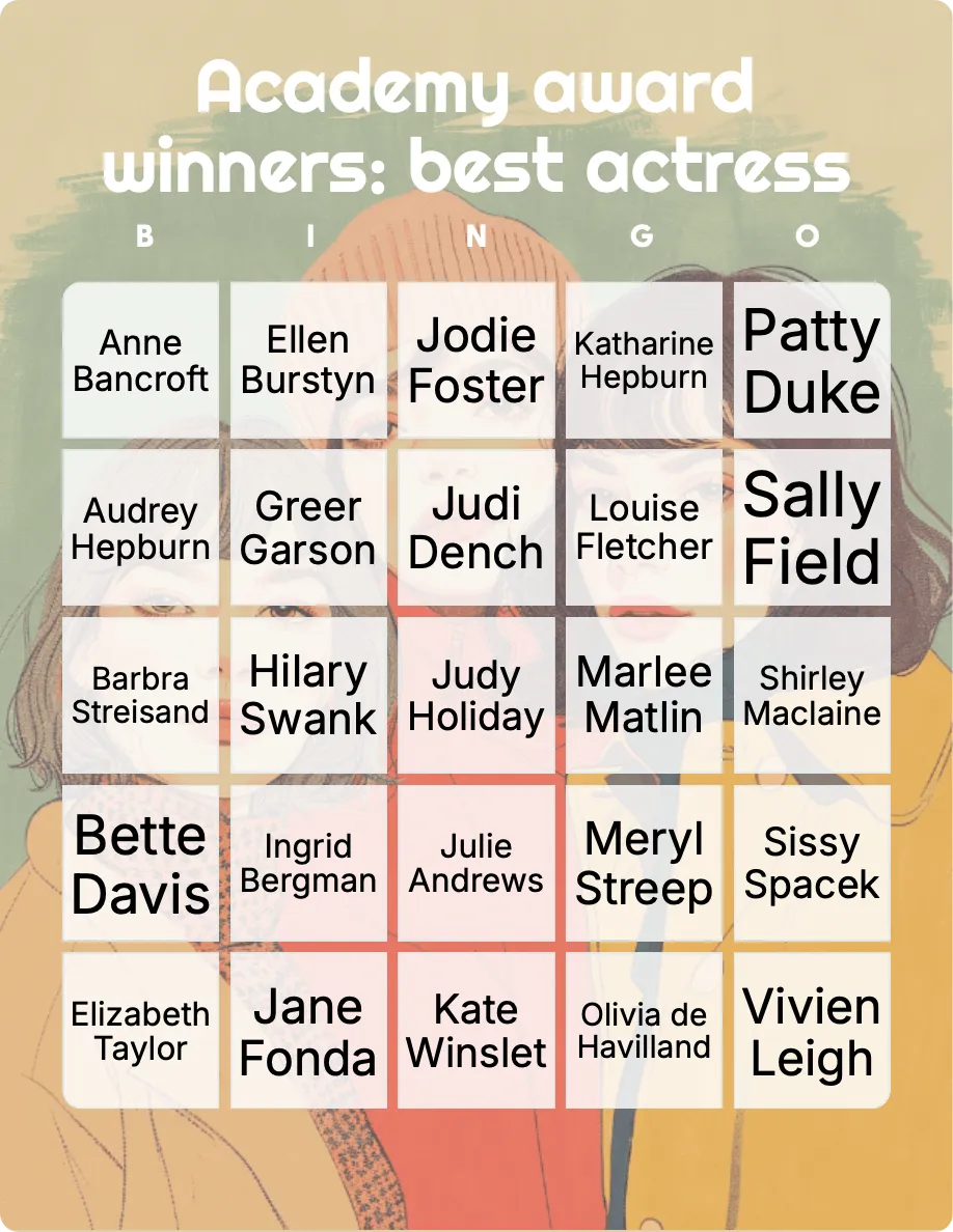 Academy award winners: best actress bingo card template