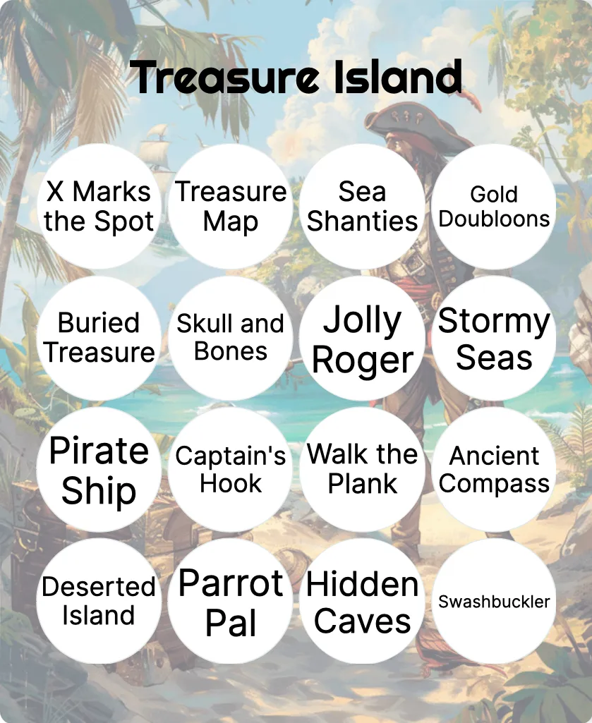 Treasure Island bingo card template